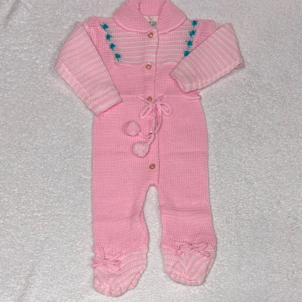 Confetti knits acrylic sweater footed one piece stripes Pom Pom girls 6/12m nwot